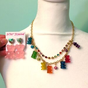 New Betsey Johnson Rainbow Gummy Bear Necklace Pink Earrings set